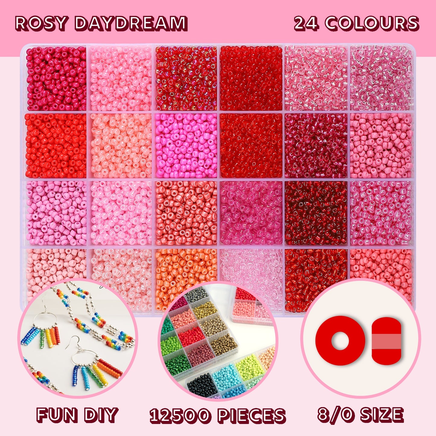 Bead Box - Glass Seed Beads 8/0 apx. 300g 24 Colors Rosy Daydream