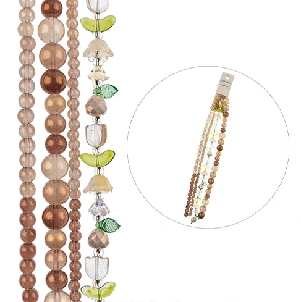 Crystal Lane DIY Flower 7in Bead Strand Tulip-Brown-14x16mm, Pear-Cream-8mm, RoundBrownMix (27290016-37)